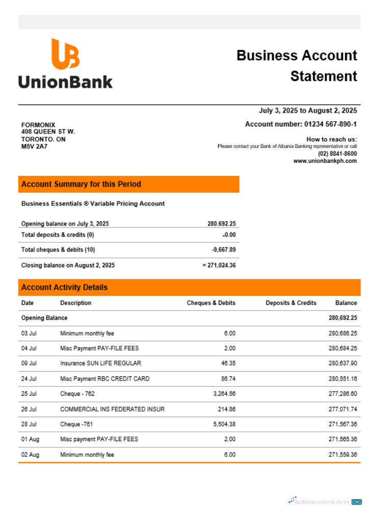 Download Unionbank company statement Word and PDF format Photoshop template